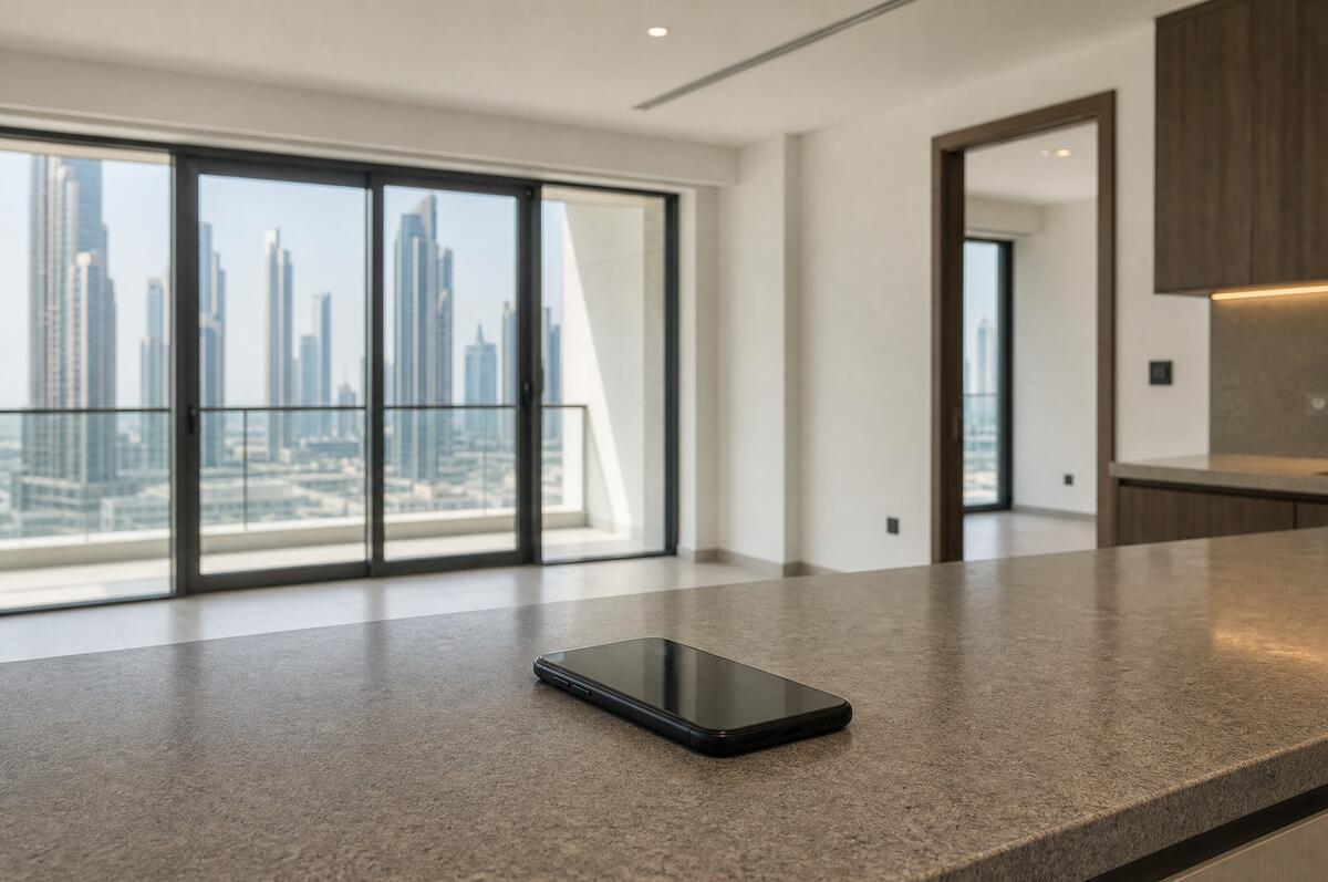 A phone resting on a kitchen counter in an empty apartment, the city visible through the balcony doors