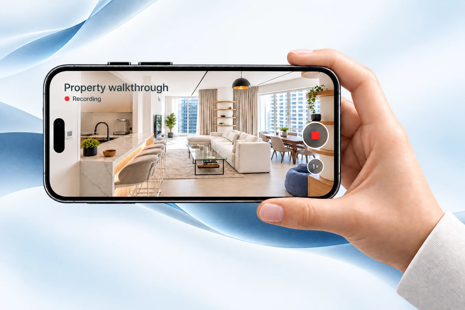 A hand holds a horizontal phone to film a bright property interior.