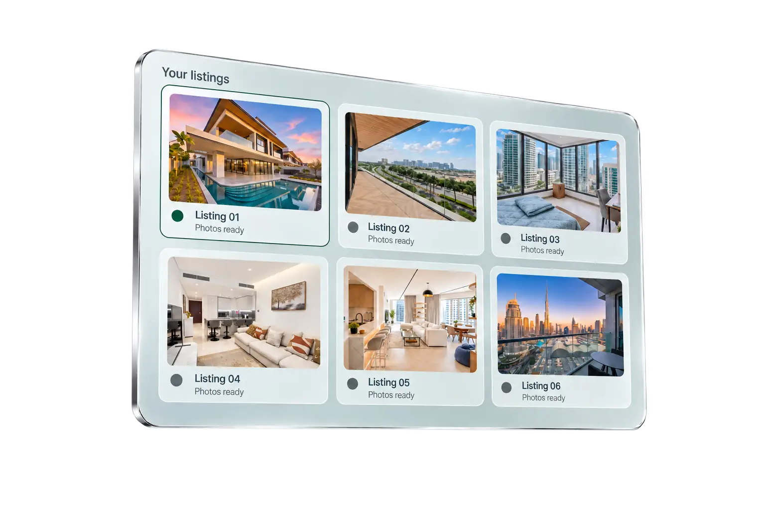 A gallery keeps property listings and their progress together.