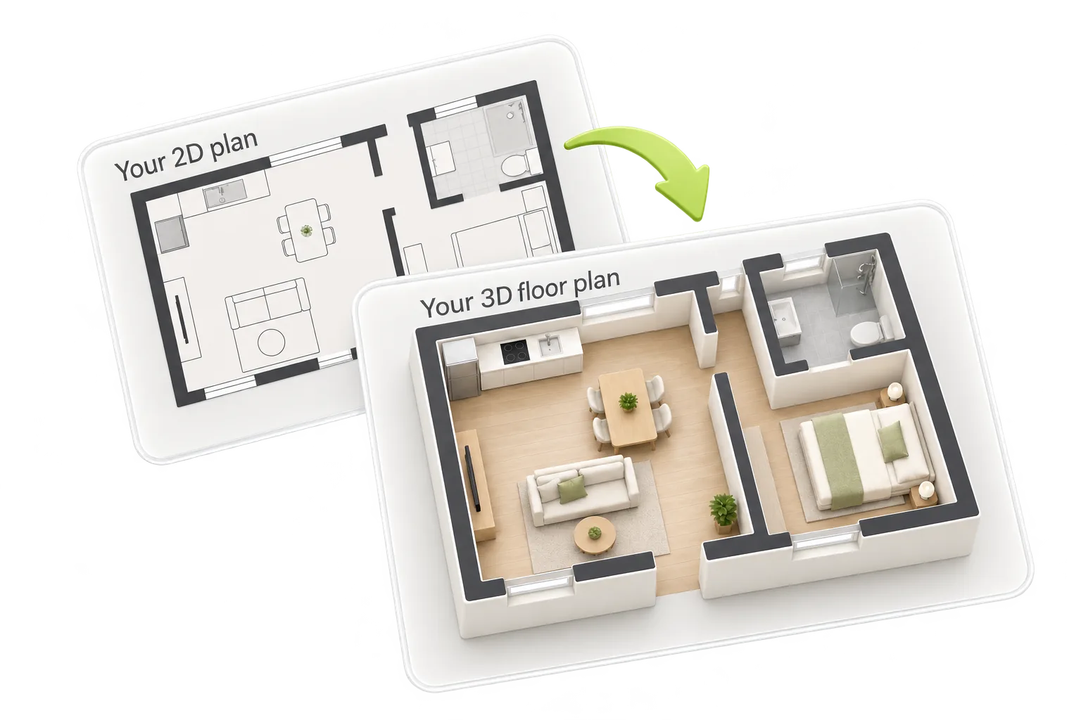A furnished 3D floor plan rises above its matching 2D plan.