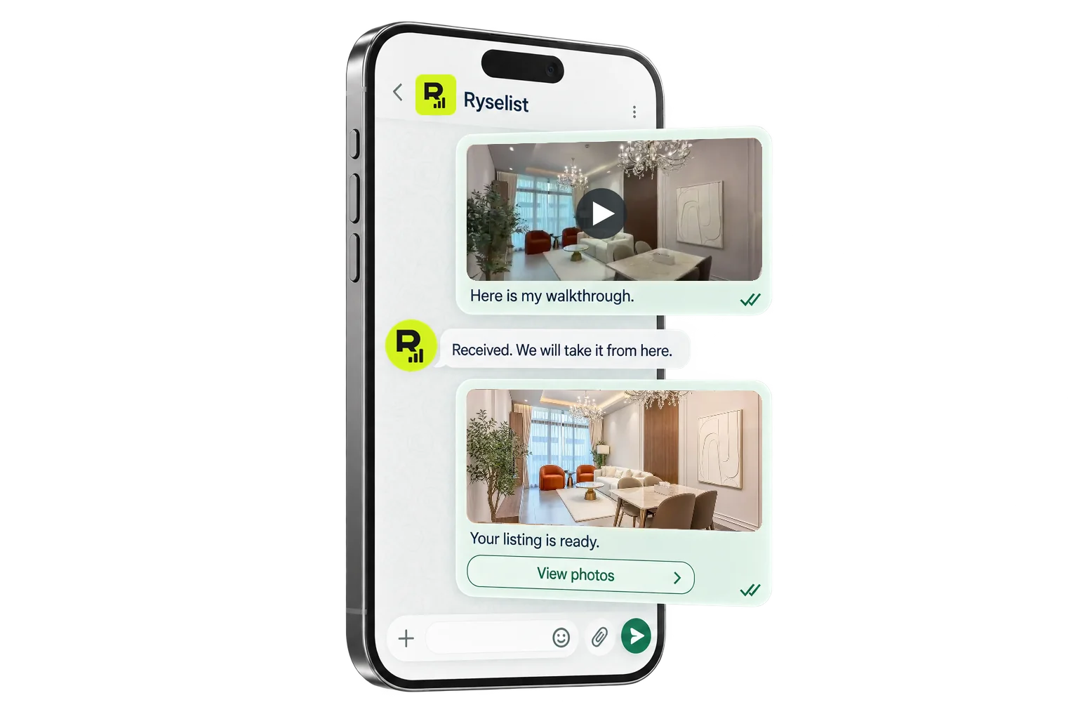 A phone chat brings property footage and finished photos into one conversation.