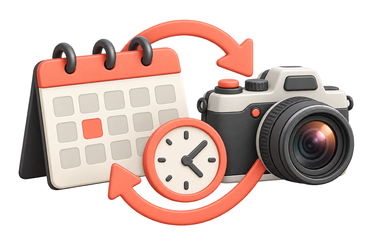 Kamera, Kalender und Uhr stehen für einen Fototermin, der organisiert werden muss.