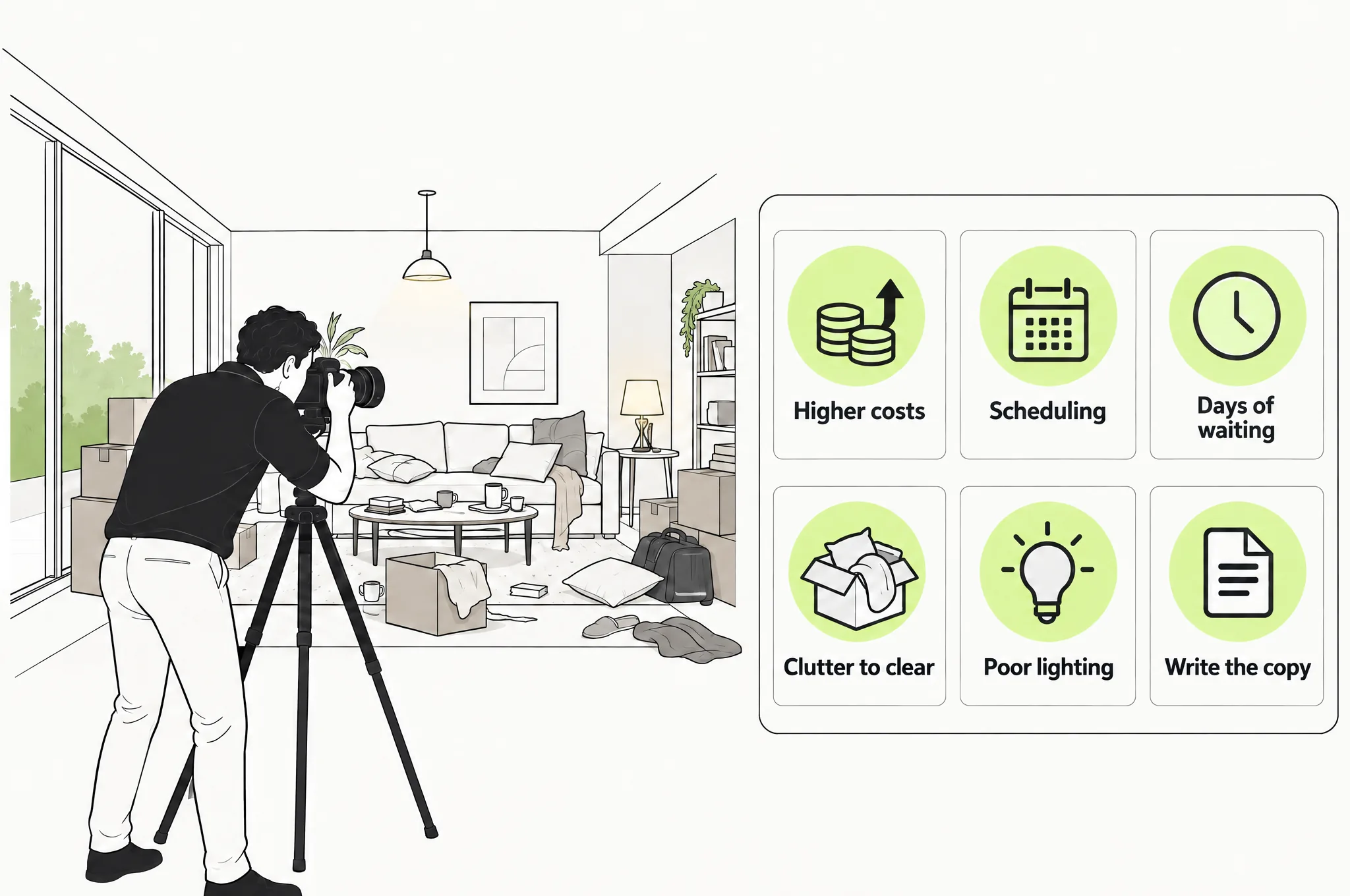 Photographer shooting a cluttered apartment, with icons for higher costs, scheduling, waiting, clutter, poor lighting and writing the listing copy.