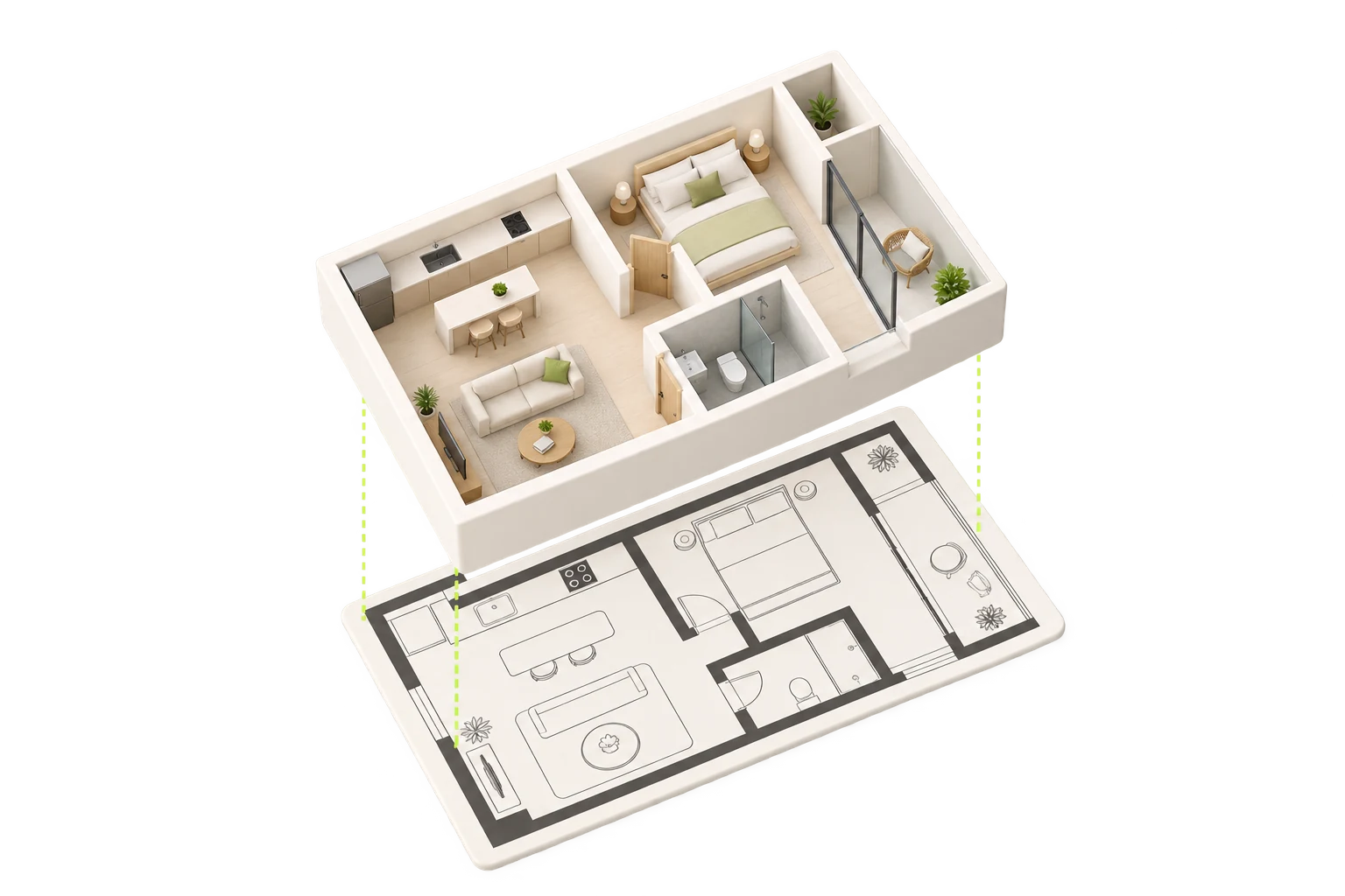 A furnished 3D floor plan rises above its matching 2D plan.