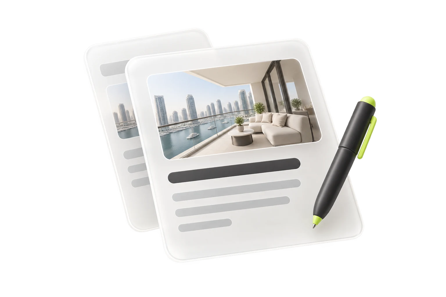 Property listing title and description cards with a pen.