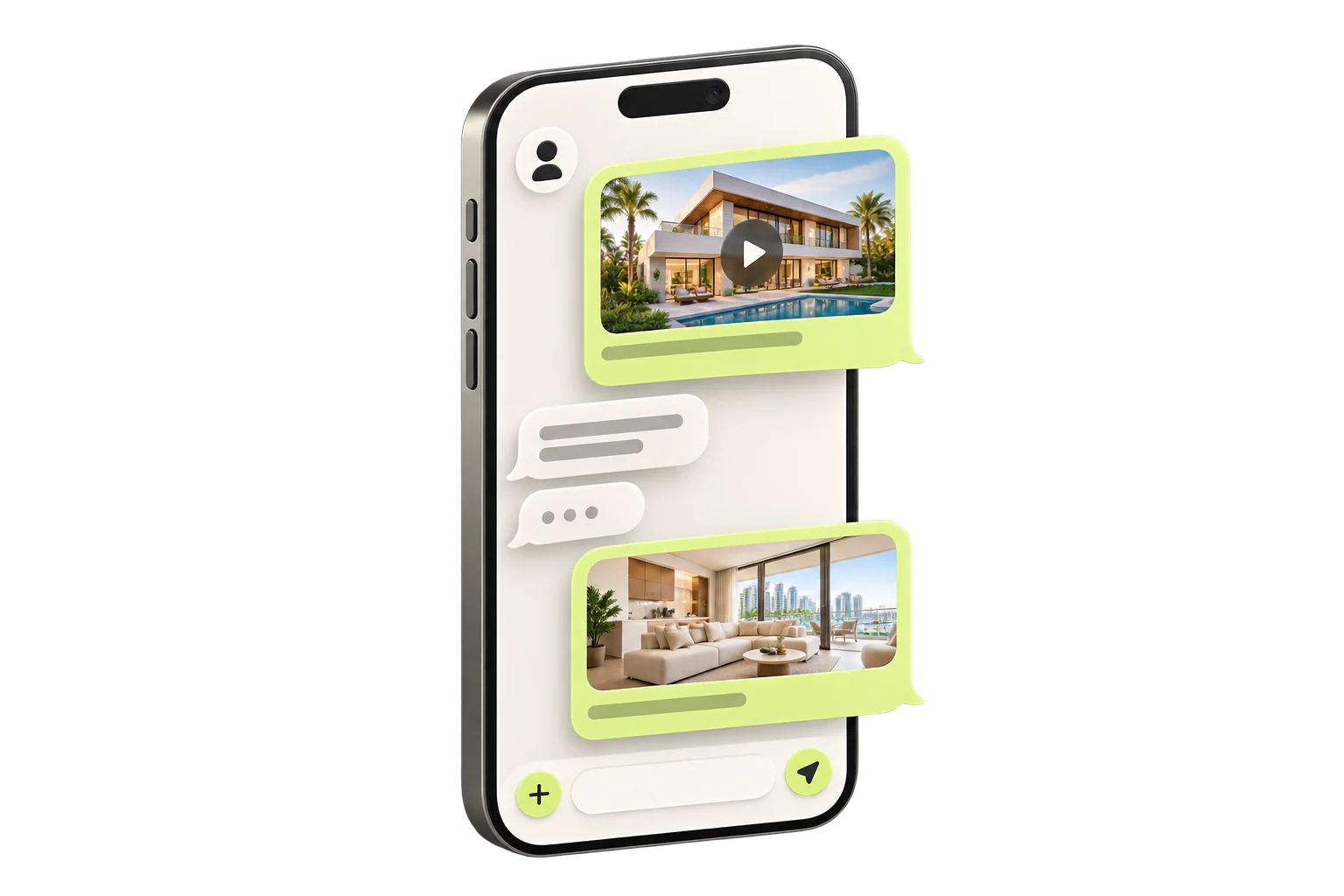 A phone chat brings property footage and finished photos into one conversation.