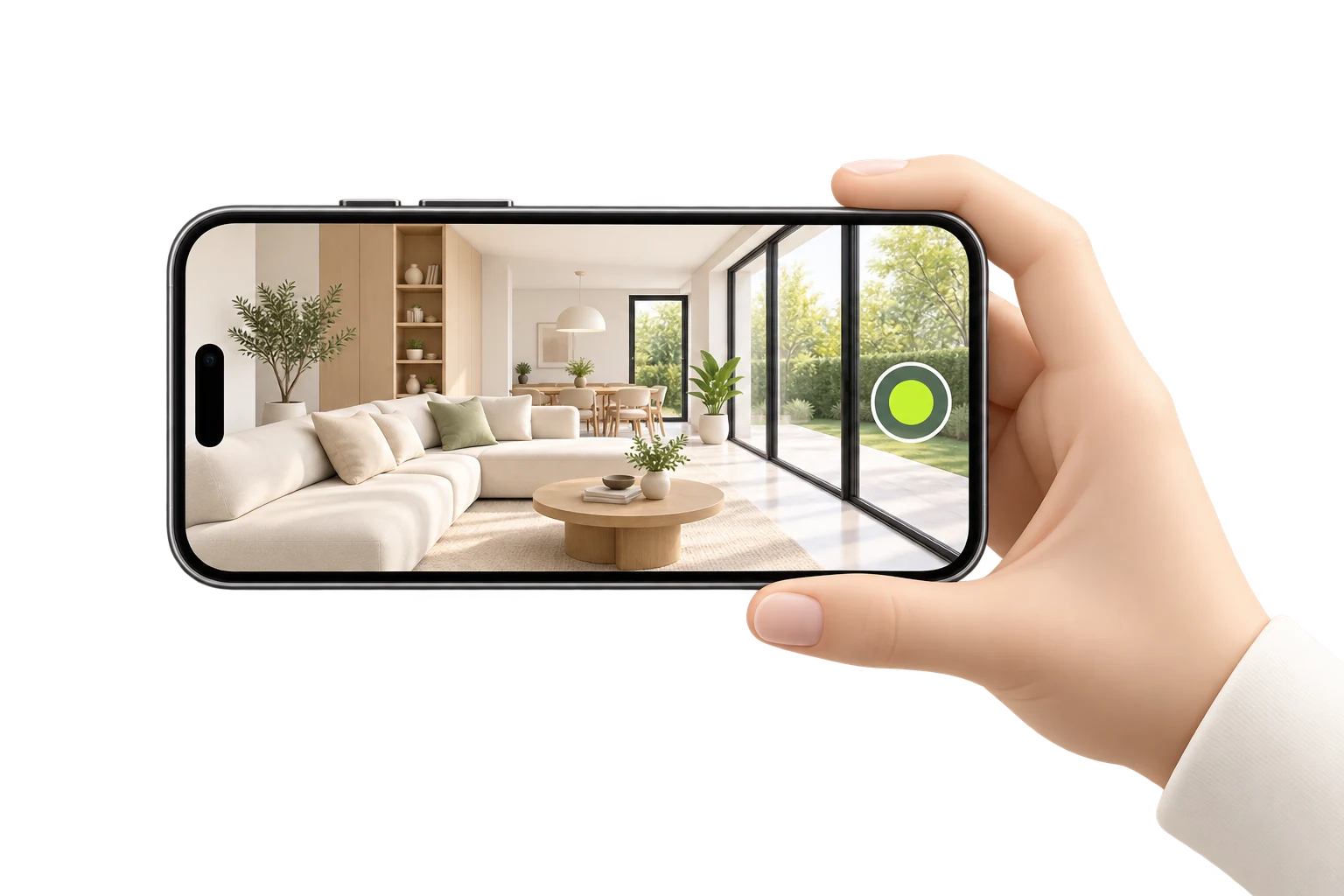 A hand holds a horizontal phone to film a bright property interior.