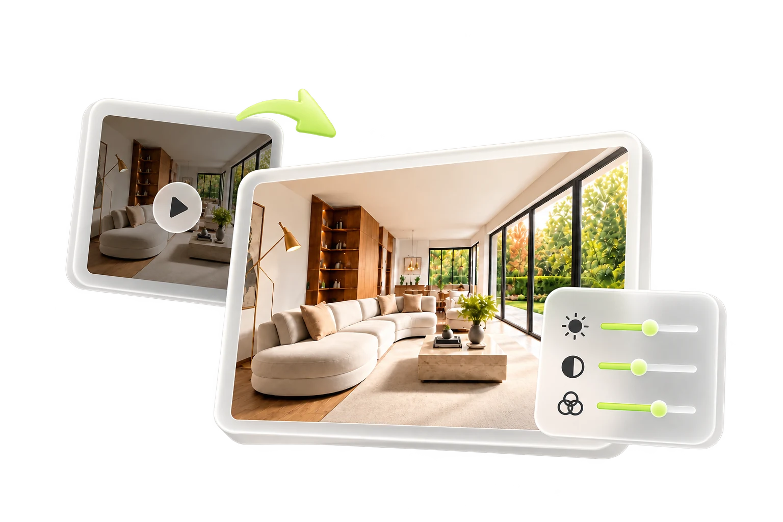 A walkthrough becomes an edited property photo with professional adjustments.