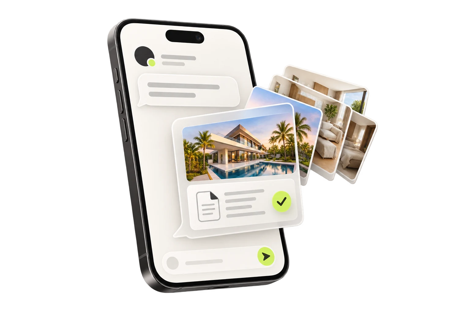 Finished property photos and listing copy arrive together in a phone chat.