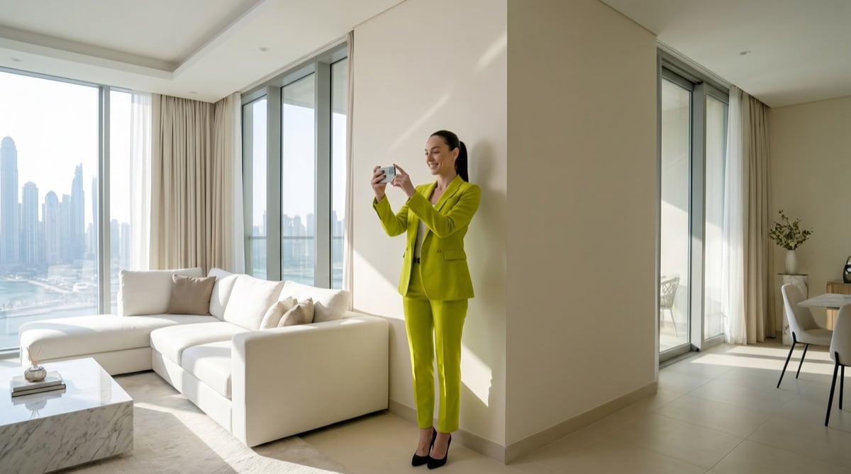 A person filming a room from a corner