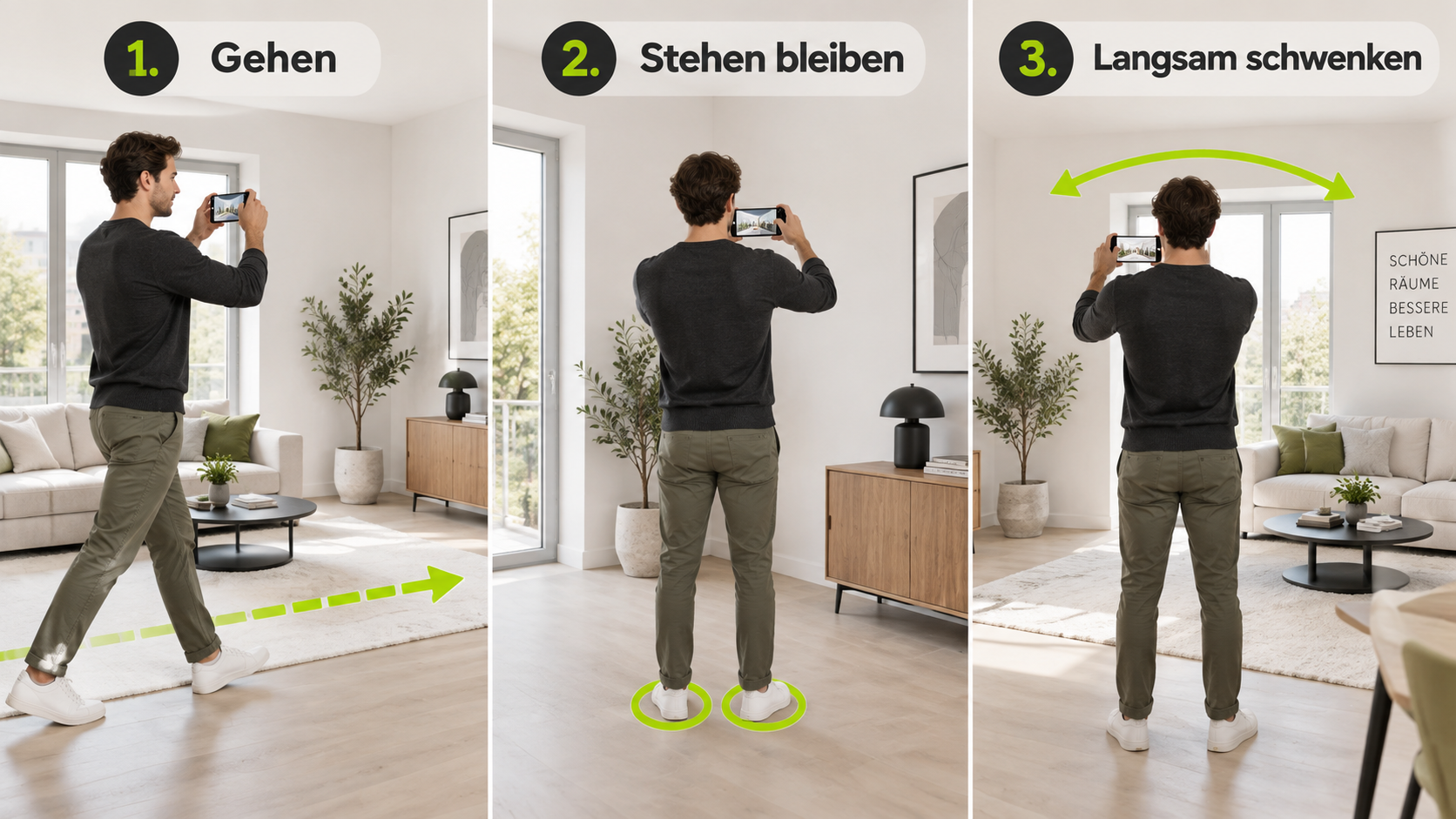 Walk straight to a corner, stop, then pan slowly