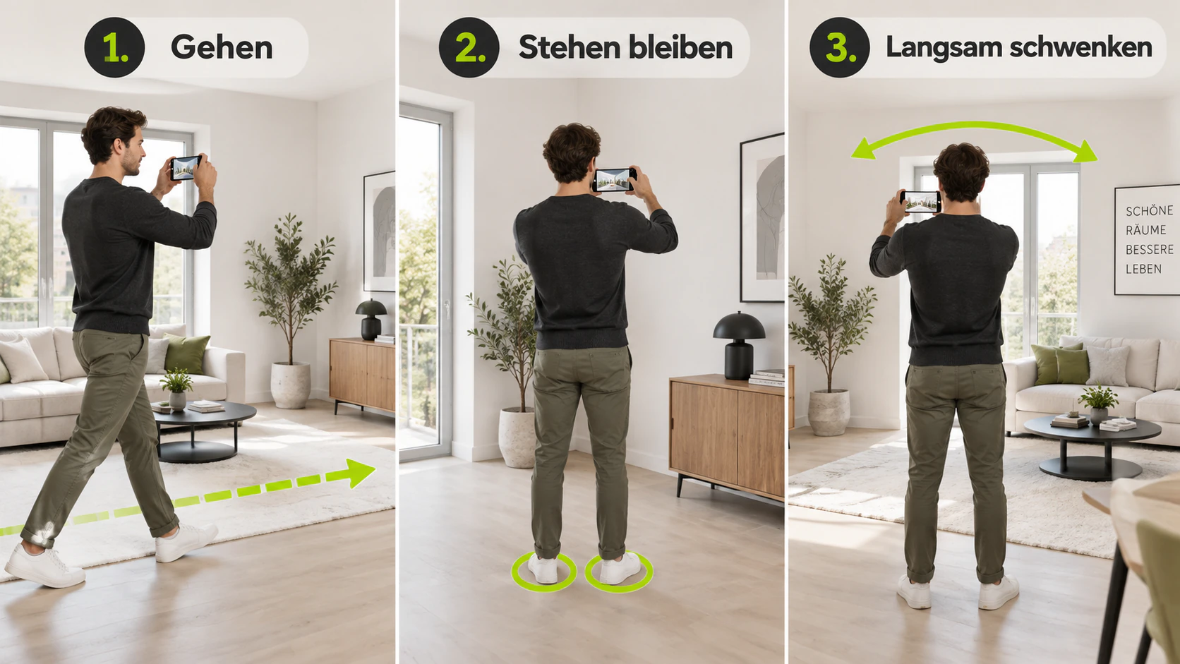 Walk straight to a corner, stop, then pan slowly