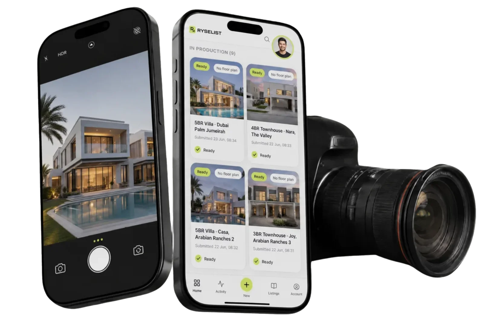 Film on your phone, listings come back ready in the Ryselist app, no camera needed
